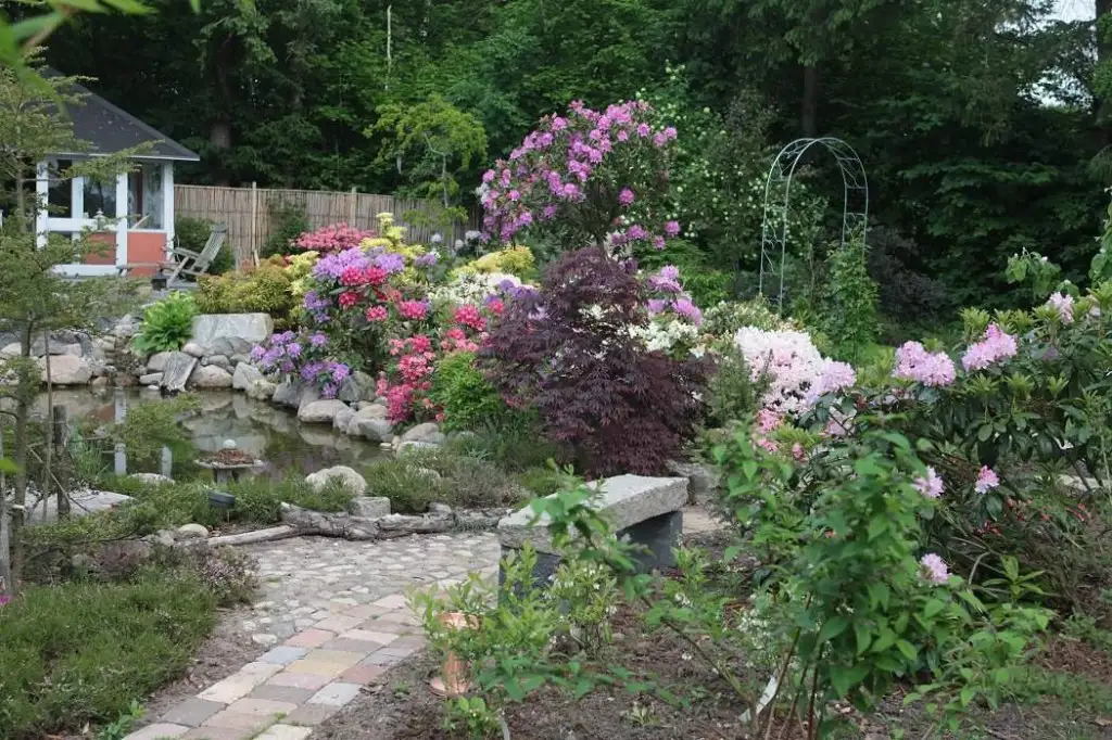 Blomstrende bede langs en flisesti